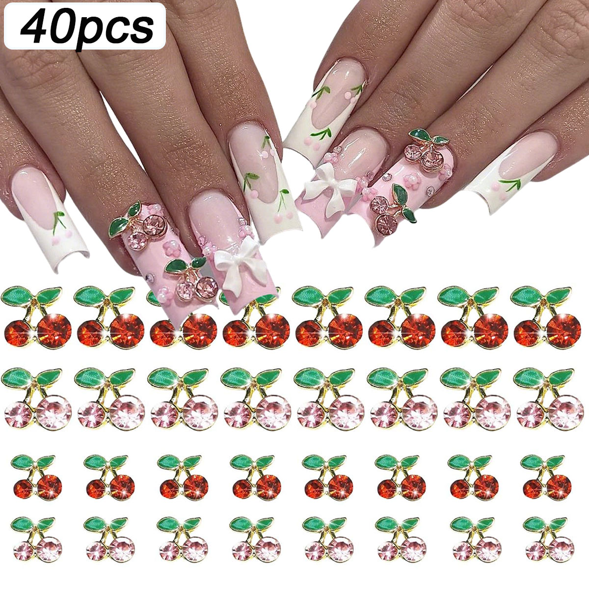Nail Art Red Cherry - 40 Stück 3D Glänzende Rosa &