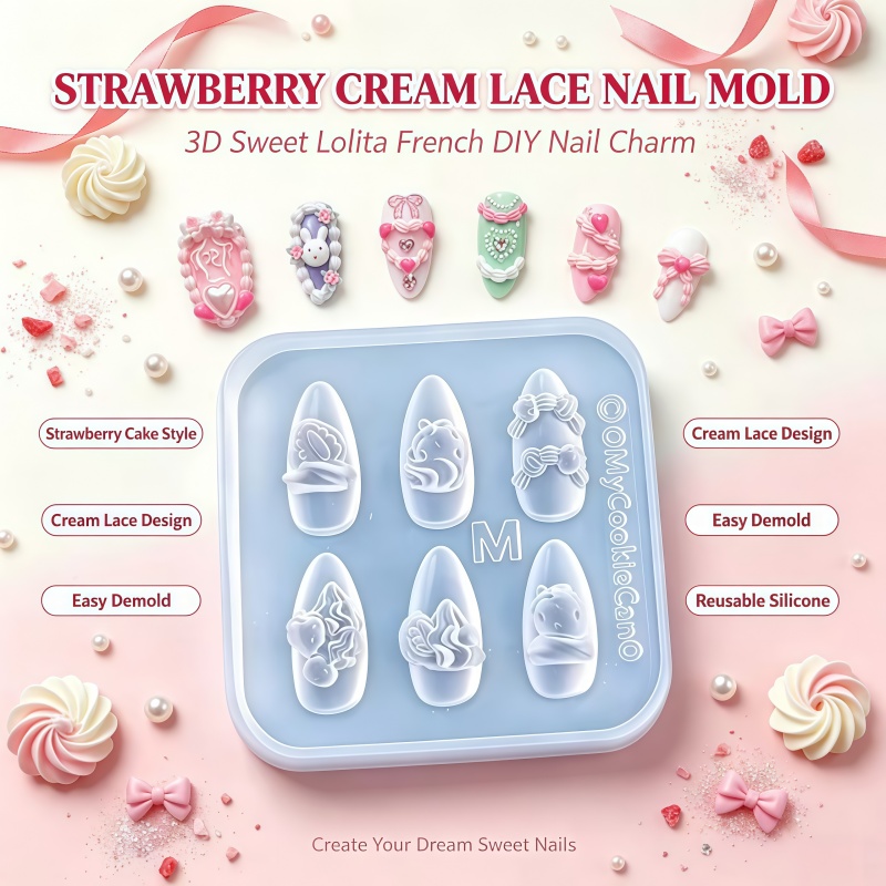 Nail Art Strawberry - Erdbeer-Creme-Rüschen 3D Französischer Stil DIY Nagelkunst
