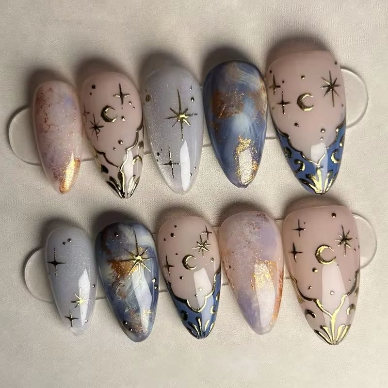 Nail Art Glitter - 24-teiliges kurzes Mandel-Nägel-Set, vollständige Abdeckung, Stern,