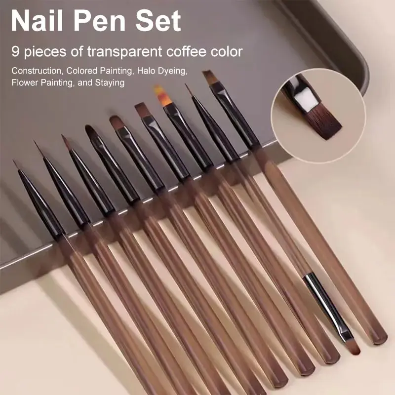 Nail Art Brush Set - 9-teiliges Multi-Kopf Nagelkunst-Pinselset mit Bernsteinfarbenem Holzgriff,