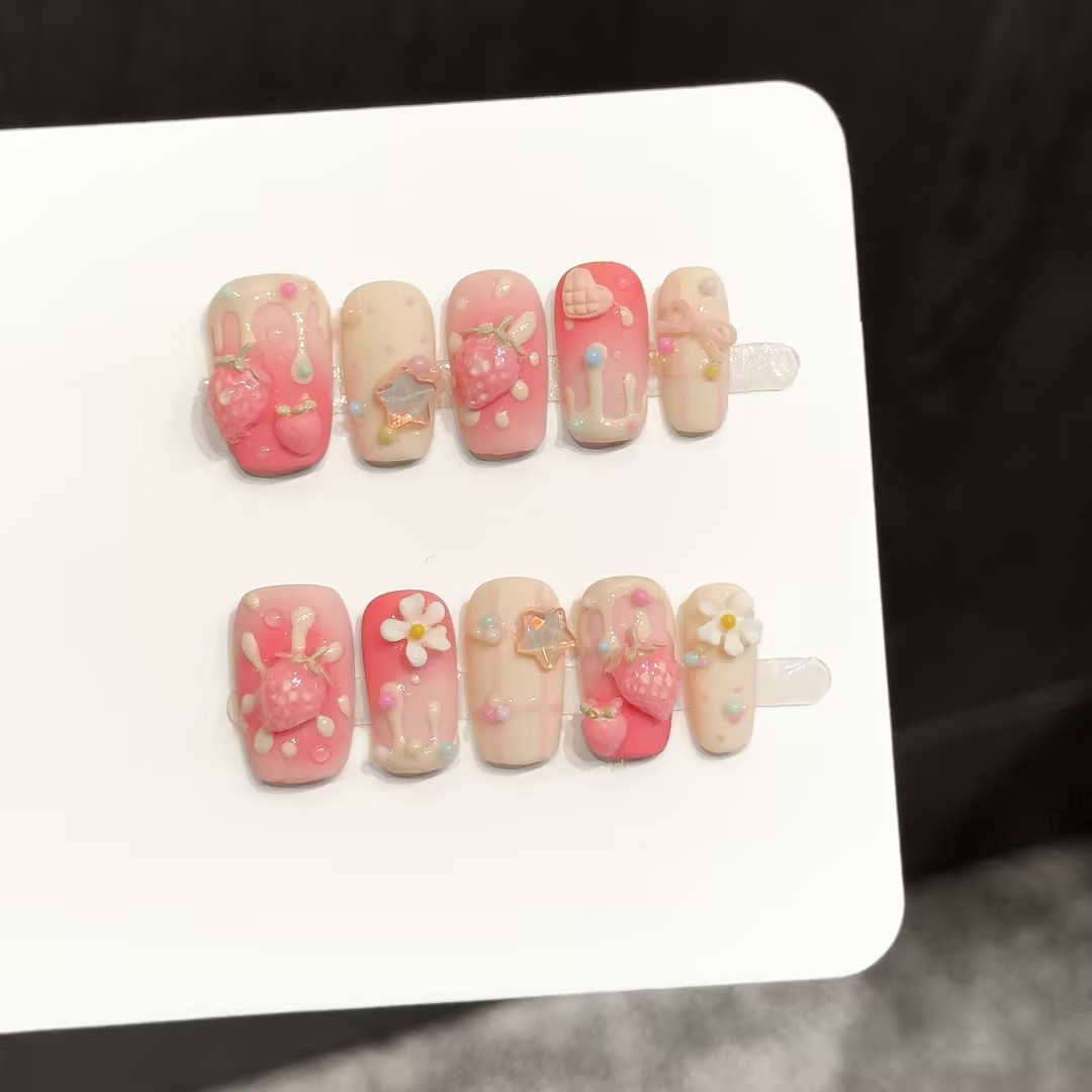 Nail Art Strawberry - 10 Stück quadratische handgemachte Press-On-Nägel, 3D-Erdbeerblumen
