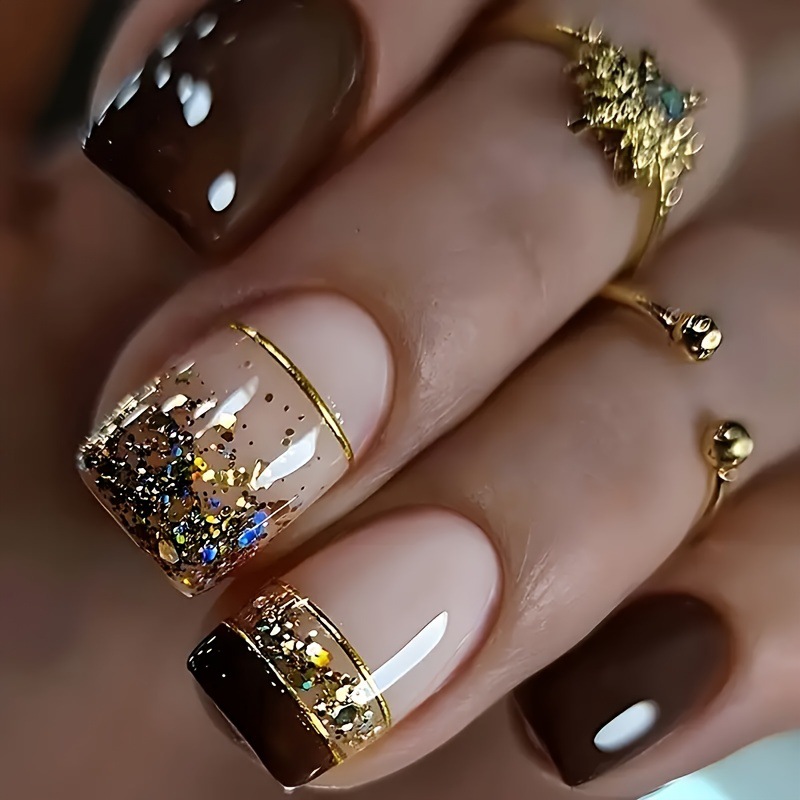 Nail Art Glitter - Kurze, quadratische Kunstnägel für Damen, glänzende