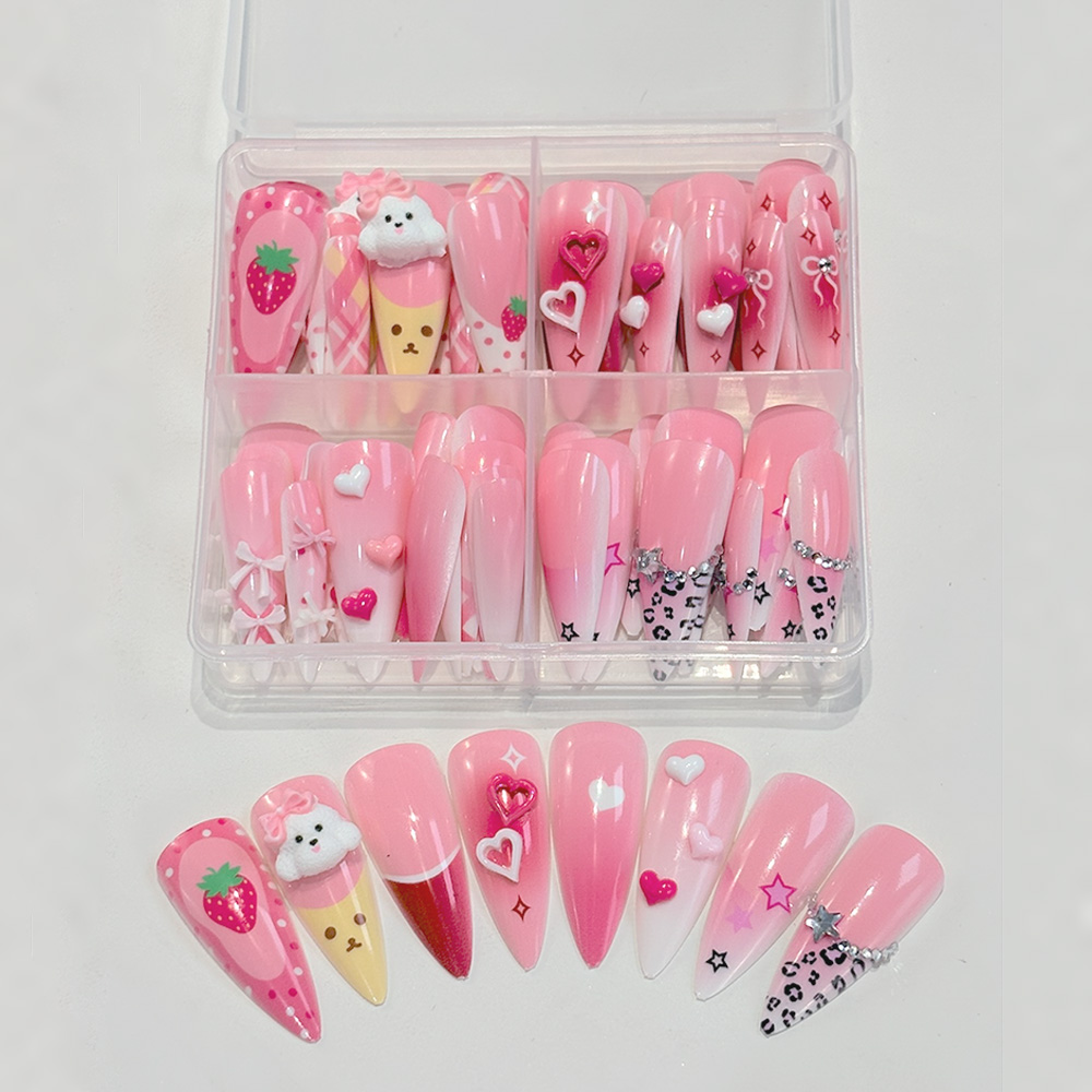 Nail Art Strawberry - 96 Stück Rosa Lange Stiletto Aufklebenägel