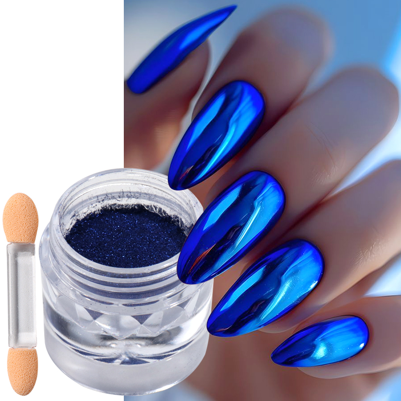 Nail Art Queen - Königsblauer Chrom-Spiegel-Nagelpuder-Pigment mit Pinsel, Metallischer Spiegeleffekt,